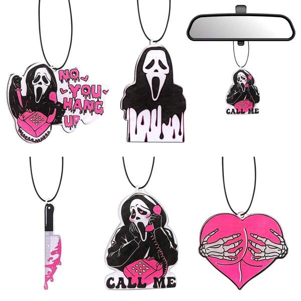 5Pcs Pink Ghost Car Hanging Ornaments, Horror Ghost Face Gifts Car Decor For Car Interior Mirror, Halloween Christmas Spooky Gifts For Women Men