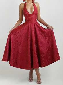 Women Jacquard Halter Dress Elegant Low Cut Sleeveless Open Back A-Line Long Dress For Evening Party Club - 酒紅色 - 查看 4