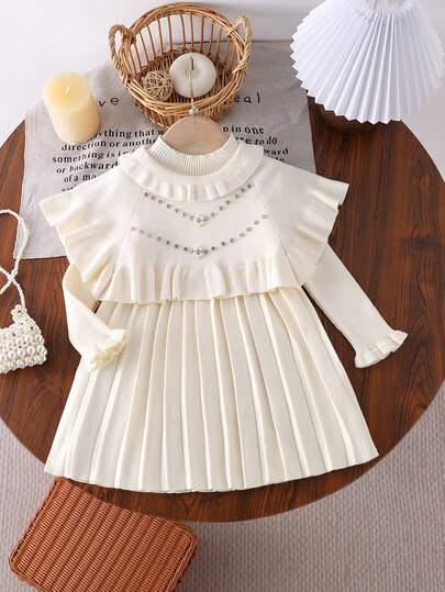 Zestaw 2 szt. Modna słodka koreańska sukienka w jednolitym kolorze z okrągłym dekoltem i długim rękawem w kolorze beżowym z koronką i sztucznymi diamentowymi wykończeniami + mini szal zdobiony perłami, jesień/zima