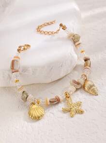 1 Peça Pulseira Feminina com Decoração de Conchas Marinhas, Estrelas-do-mar e Contas, em Estilo Praia de Verão, Elementos Oceânicos da Moda Adequados para Praia, Férias, Festa, Uso em Festivais de Música