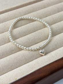 1 件优雅纯银心形珍珠手链，适合女性日常佩戴