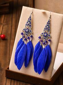 一对奢华AB彩钻波西米亚风长耳环，休闲百搭，可作礼物或派对配饰 - 天然羽毛 - 查看 8