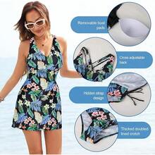 JASAMBAC Swimdress Swimsuits Women Tummy Control Skirt Swimwear A Line Print Bathing Suits - Lá xanh đen xanh lá cây - Xem 2