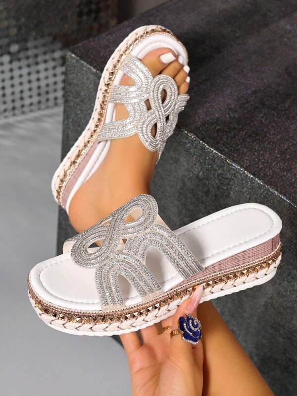 Platform Slide Sandals, Waterproof, Rhinestones, One-Strap, Comfortable, Anti-Slip, Fashionable, Unique Summer Footwear