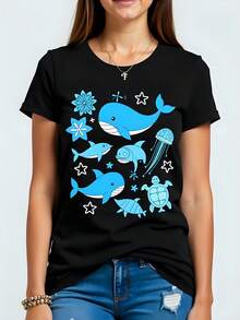 Camiseta de  de 180g, Cuello Redondo y Manga Corta – Algodón Premium con Estampado Marino de Ballena, Tortuga y Estrellas, Ideal para Verano, Casual y Cómoda, Moda Joven y Moderna - Negro - Ver 1