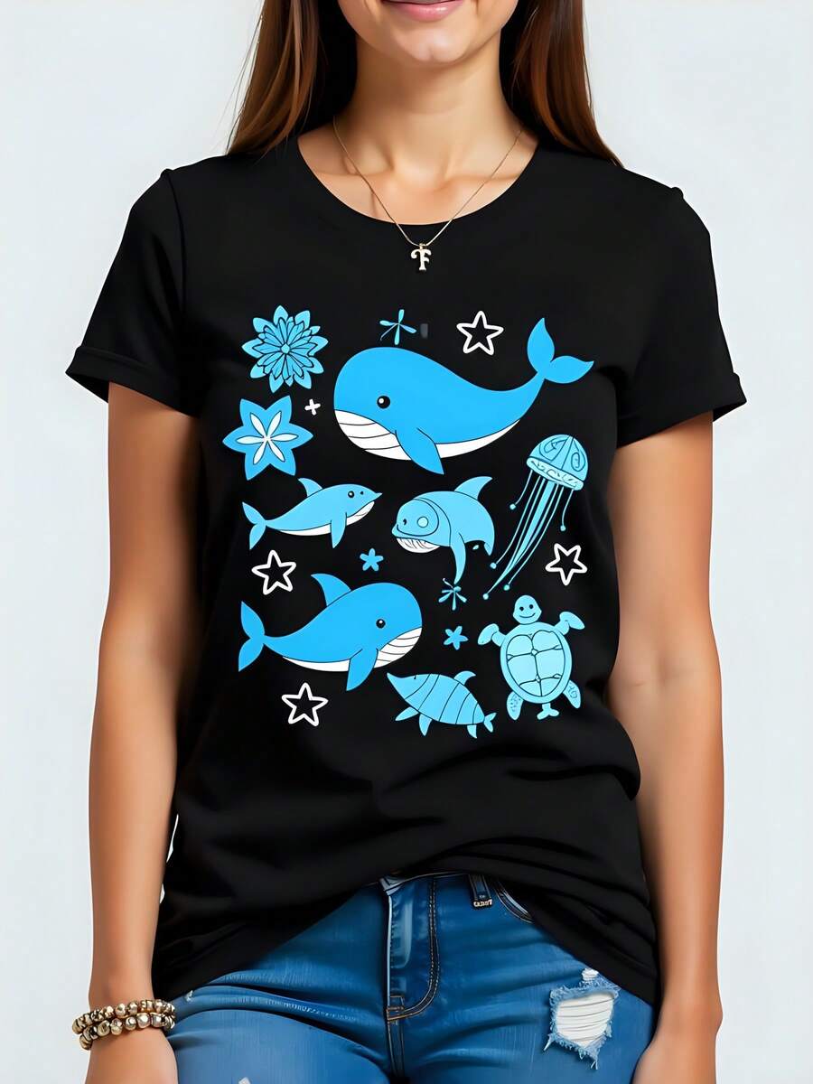 Camiseta de  de 180g, Cuello Redondo y Manga Corta – Algodón Premium con Estampado Marino de Ballena, Tortuga y Estrellas, Ideal para Verano, Casual y Cómoda, Moda Joven y Moderna - Negro - Ver 1