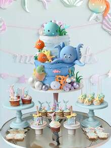 1pc Undersea World Cake Decorations, Ocean Series Octopus, Turtle, Whale, Stingray, Bubble Fish, Coral Decor For Baby Shower, Birthday Party, Dessert Table Decor - Multicolor - View 3