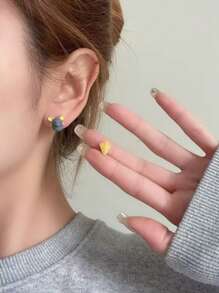 1 Pair Asymmetric Yellow Mouse Cheese Themed Funny Cartoon Stud Earrings, Gift