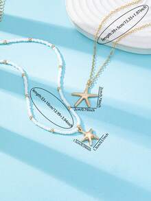 2 件夏季海洋风格海星吊坠项链套装，波西米亚种子串珠项链配海星饰物，女士多层项链首饰适合日常佩戴、度假、海滩派对。 - 彩色 - 查看 3