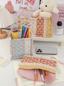 1 件复古花卉图案收纳篮绗缝化妆品收纳篮，护肤品收纳篮化妆刷眼镜收纳袋带蝴蝶结铅笔和刷子架收纳盒女士化妆品收纳