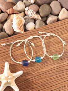 3pcs/Set Bohemian Beach Holiday Colorful Sea Glass Bracelet Set, Spring/Summer Colorful Mood Booster Beach Jewelry - Multicolor - View 12