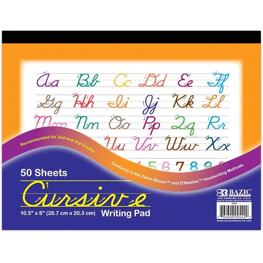 BAZIC Cursive Writing Pad 50 Sheet 10.5" X 8", Handwriting Learning Practice Workbook, For Beginning, Grades 2-3, 1-Pack - White Sheet - View 1