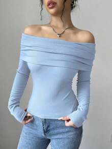 Women's Elegant Off Shoulder Ruffle Long Sleeve Solid Color Blouse - Celeste - Ver 6