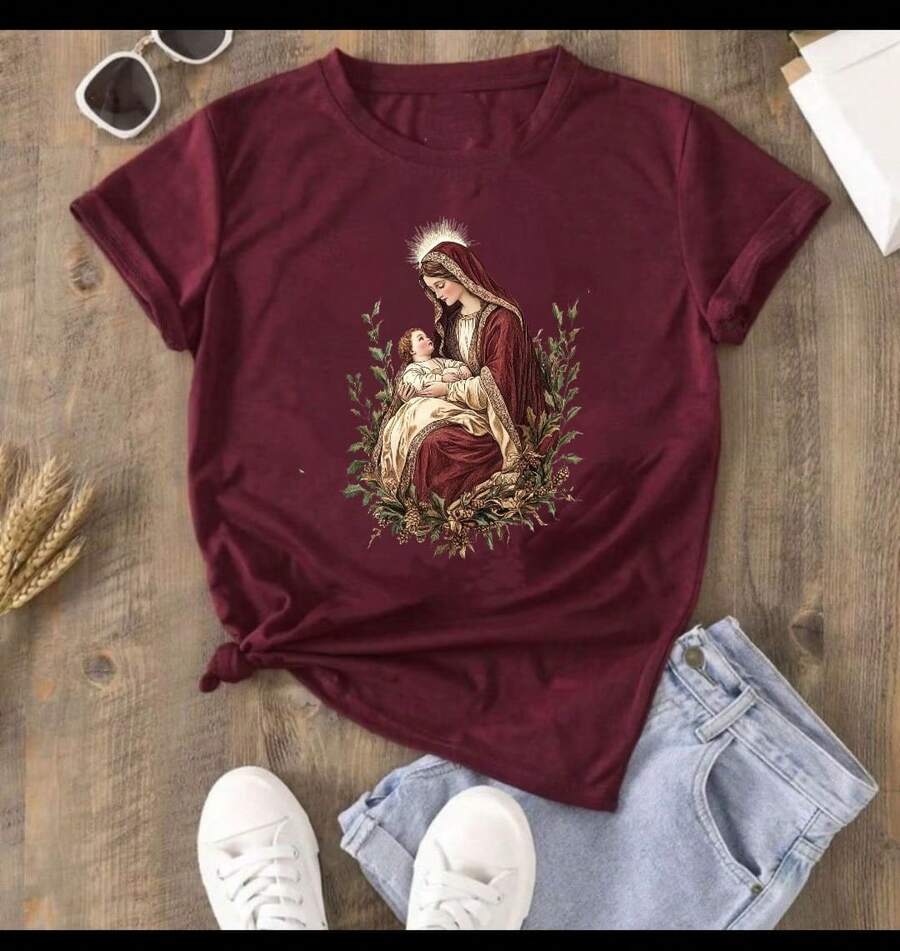 Catholic Women's T-Shirt Blouse Virgin Mary, Jesus Christ, Our Lady Of Aparecida Christian, Sacred Heart - 紫紅色 - 查看 1