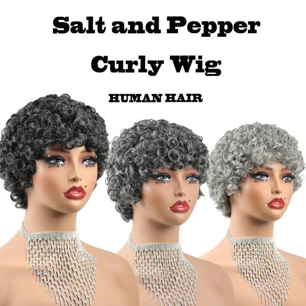 Salt And Pepper Curly Wave Wigs For Women Human Hair Short Pixie Cut Wig For Women Human Hair Short Curly Wavy Wigs For White Women 34#, 51#, 280# Layered Black Mixed White Color Wig For Cool Wig Layered Wigs With Bangs Human Hair Grey Wig For Daily Party Use