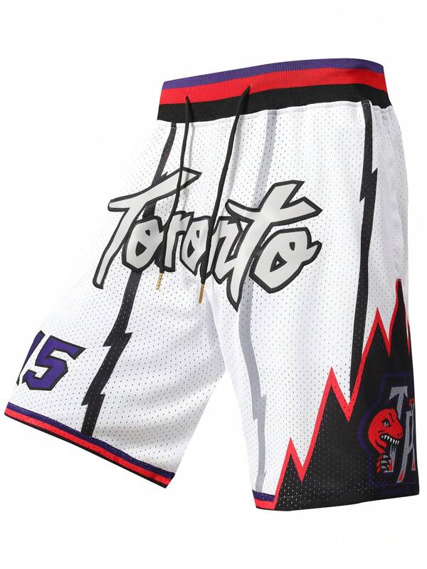 Atonmore Men's Basketball Shorts, White, Retro Mesh Embroidery Zipper Pockets Sports Shorts