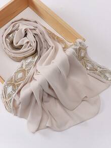 1pc Women's Luxurious Heavily Embellished Rhinestone & Sequin Chiffon Muslim Hijab Scarf, Holiday Celebration Gift - Multicolor - View 7