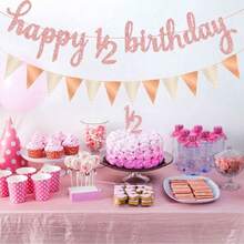 6 个月金色 DIY 串闪光横幅生日快乐横幅 1/2 生日快乐玫瑰金横幅闪光 1/2 半年蓝色蛋糕装饰三角形旗帜横幅用于半年生日派对装饰，圣诞节 - 彩色 - 查看 3