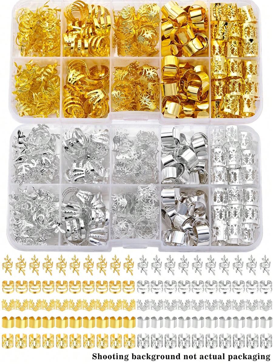 100件套优雅金色金属发饰，适用于编发 - 可调节发圈和发夹，精致设计，纯色 - 复古风格装饰，男女通用，适用于脏辫和扭辫，包括爪夹、发夹、发卡、发卡、发爪、学生用品、发饰、发夹
