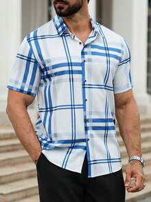 Camisa xadrez de manga curta casual masculina, camisa versátil e elegante para trabalho e lazer, com gola virada para baixo e design de 7 botões - Azul e branco - Ver 5
