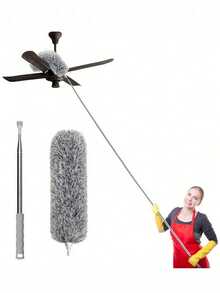 超细纤维可伸缩鸡毛掸，带可水洗可重复使用可弯曲掸子，用于清洁吊扇、高天花板、电视、百叶窗、汽车、家用电器、清洁工具、扫帚、带延长杆的蜘蛛网掸子、蜘蛛网刷和天花板清洁套装，100 英寸超细纤维鸡毛掸清洁剂，带可水洗头，适用于吊扇、家具、家居、万圣节和圣诞节