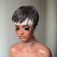 Krótkie peruki pixie dla kobiet z ludzkich włosów, peruki sól i pieprz dla czarnoskórych kobiet, krótkie peruki dla czarnoskórych kobiet, 34#, warstwowa, biała, czarno-biała, peruka dla białych kobiet, warstwowe peruki z grzywką, szara peruka z ludzkich włosów do codziennego użytku na imprezy, kostiumy na Halloween, fajna peruka