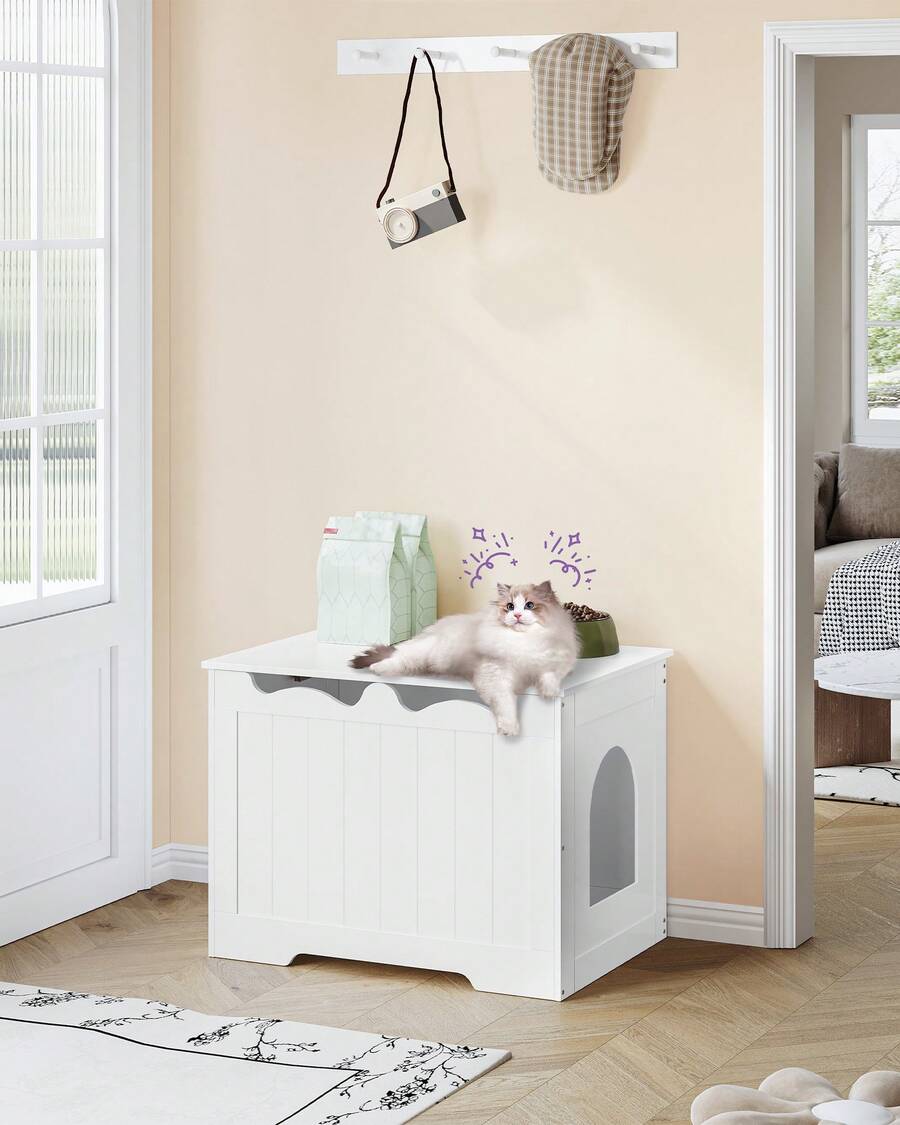 HEXCELEN Cat Cabinet, Cat Litter Box Cabinet, Top-Opening Hidden Cat Litter Box Cabinet Furniture, Indoor Cat House, Storage Box, 70 X 50 X 53 Cm, For Hallways, Bedrooms, White - 白色 - 查看 1