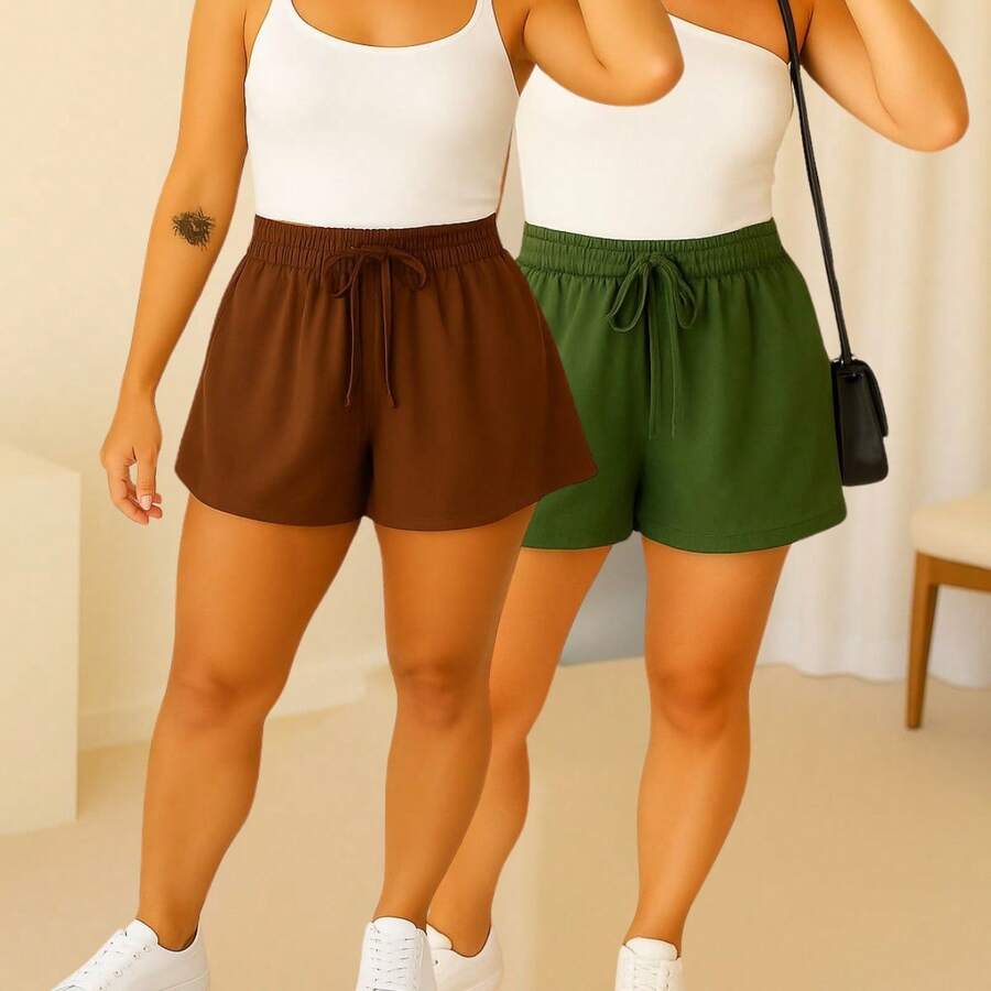2 Piece Women's Loose Fit Godet Summer Shorts - 軍綠色 - 查看 1