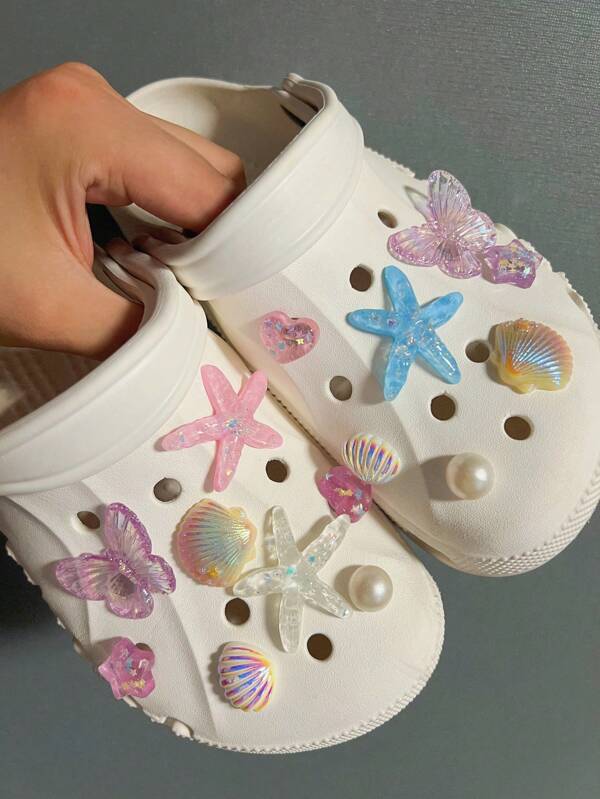 15 pièces Set Résine Étoile de mer Série Coquillage Perle DIY Charm Pour Accessoires de Chaussures Perforées Imprimé Crocodile, Transfrontalier