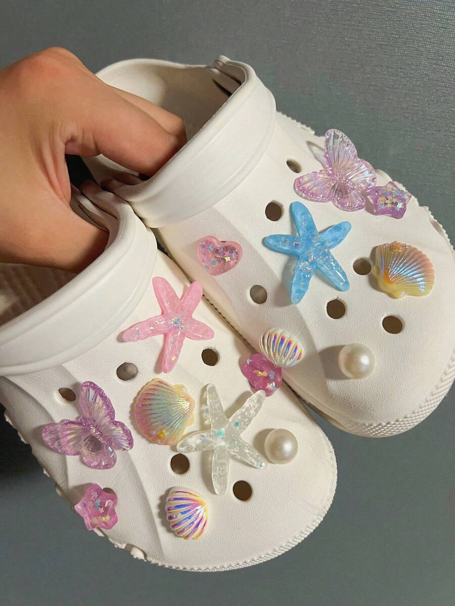 15 pièces Set Résine Étoile de mer Série Coquillage Perle DIY Charm Pour Accessoires de Chaussures Perforées Imprimé Crocodile, Transfrontalier