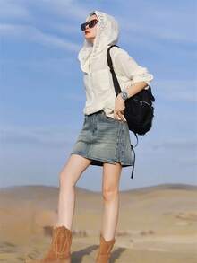 French Hollow Crochet Hooded Long Sleeve Blouse, Loose Street Style Fashionable Elegant Thin Shirt For Women, Autumn/Winter