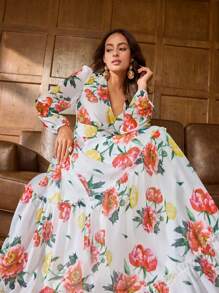 Faeriesty 印花优雅雪纺晚礼服，带有鲜艳的花卉印花、深 V 领口和多层裙摆 | 适合正式场合的浪漫优雅设计 | 非常适合婚宴、花园庆典和海滩婚礼