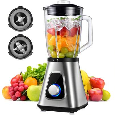 SHARDOR Countertop Blender, Maximum Power 1200W, 52oz Glass Jar, 22oz Travel Cup, 3 Adjustable Speed Control For Frozen Fruit Drinks, Smoothies, Sauces, Sliver.