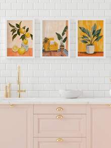 3 幅柠檬海报水果画海报挂画水果墙艺术现代墙面印刷品墙面艺术品厨房墙面装饰客厅墙面装饰用品无框 - 米色 - 查看 3