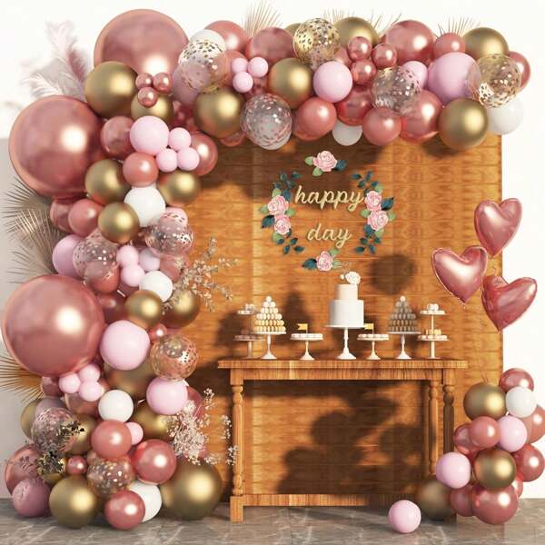 103pcs Rose Gold Balloon Garland Arch Kit, Rose Gold Birthday Decorations With Metallic Rose Gold Pearl White Confetti Balloons For Women Birthday Wedding BabyShower Bridal Shower Party Decorations