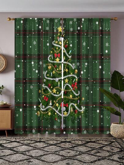 2 pezzi Tende con albero di Natale, in poliestere semi-trasparente con stampa digitale, design con passante per asta, lavabili in lavatrice, adatte per soggiorno, camera da letto, cucina, decorazione parete, decorazione stanza, decorazioni natalizie per la casa