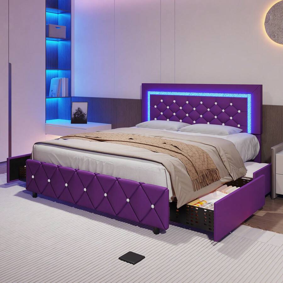 Twin/ Full/ Queen Bed Frame With Drawers, Upholstered Bed Frame With LED Lights, Modern Platform Bed Frame With Headboard And Footboard, Diamond Tufted Design, No Box Spring Needed, White/ Pink/ Black/ Purple/ Yellow (Twin Size 2 Drawers/ Other Size 4 Drawers) * Bed Frame Queen Bed Frame Bed Queen Bed Frame King Bed Frame Bedroom Furniture Bed Frame Full Full Size Bed Frame Twin Bed Frame Beds Cozy Bedroom Home Bedroom Refresh Room Decor Home Decor Christmas Decor Bedroom Decor Valentine Day Decor Storage Living Room Decor Furniture House Decor Halloween Decorations ( USB LED Strip) - 紫色 - 查看 1