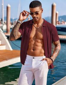 Men's Knit Shirts Short Sleeve Button Down Polo Shirt Fashion Casual Summer Beach Shirts - 酒紅色 - 查看 2