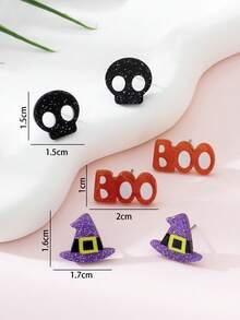 3 Cặp/Bộ Hoa tai đinh tán thiết kế đầu lâu và mũ phù thủy Halloween dành cho nữ, thích hợp để trang trí và đeo trong ngày lễ - Nhiều màu - Xem 4