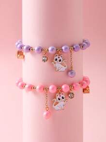 Set de 2 pulseras elásticas con encantos de gato de dibujos animados y perlas, regalo de joyería ideal para hermanas y mejores amigas
