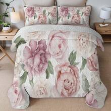 2/3 Pcs Pink Peony Flowers Printed Summer Quilt Set, 100% Microfiber Lightweight Breathable Easy Care Summer Bedding Set, Queen/King Size Bedspread  Set, Coverlet For All Seasons, Beautiful Room Decor - 粉紅色牡丹花 - 查看 5