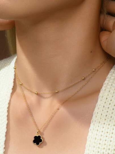 1 colar feminino clássico da moda com pingente de trevo de 5 folhas multicamadas (número aleatório de contas na primeira camada, algumas pretas precisam ser descascadas)