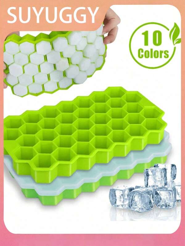 1pc Honeycomb Silicone Ice Cube Tray Hexagon Shaped Ice Cube Maker 37 Grids,Reusable Silicone Molds For Refrigerators,Stackable Silicone Ice Cube Tray With Removable Lid For Making Perfectly Shaped Ice Cubes For Easy Release Of Whiskey And Cocktails,Ice Cream Storage Solutions