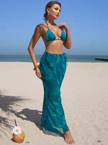 Bikinx Set de 3 piese pentru costume de baie pentru femei, potrivite pentru zilele de vară, de la piscină la plajă, cu un bikini la modă, împodobit cu mărgele colorate și o fustă lungă din plasă de plajă.