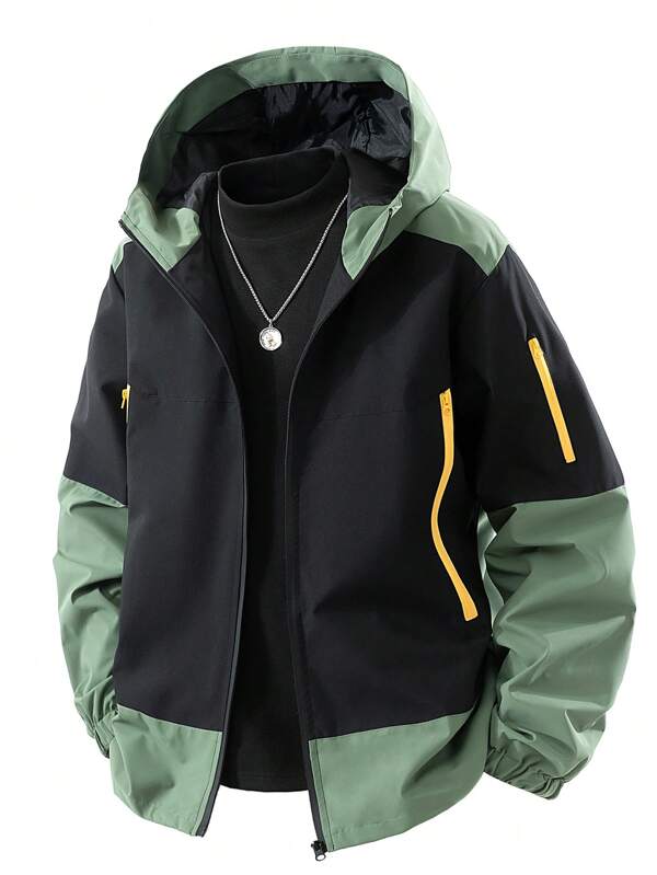 Men's Casual Hooded Sports Jacket With Pockets - Lightweight Jacket Outerwear, Regular Fit, Washable, Color Block Polyester Fabric
