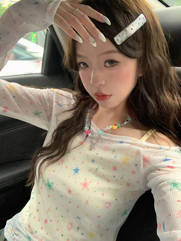 Sweet & Edgy Off Shoulder Long Sleeve Star Print Sunscreen Cover Up And Camisole 2pcs Set