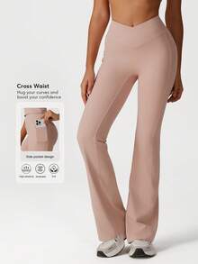 Sodalemon Women Solid Color Cross Waist Casual Outdoor Training Fitness Gym Side Pockets Yoga Sport Flare Pants