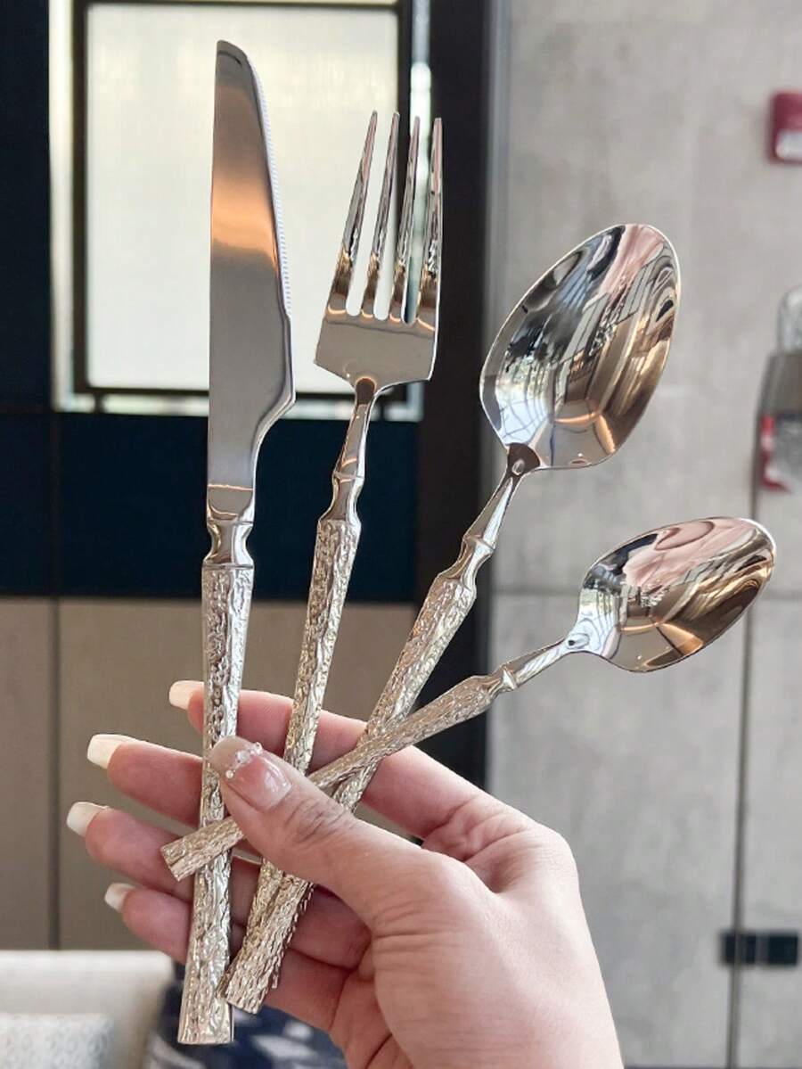 1 件/4 件/16 件/24 件/32 件银色不锈钢优雅餐具套装，包括高品质晚餐刀、叉、勺子、甜点勺、厨房用具，适用于家庭、厨房、餐厅、酒店、聚会、新年、节日、派对和婚礼