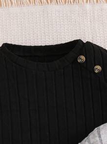 2pcs Teen Girls Crewneck Ribbed Knit Midi Dress, Fitted & Elegant, Spring Autumn, Black & White