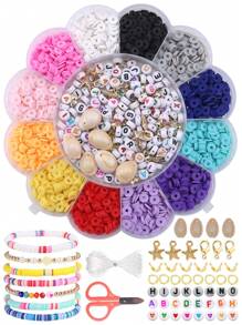 1box 13-grid Assorted Color Soft Pottery Block, Acrylic Letter Beads, Natural Shell, Lobster Clasp, Open Jump Ring, Flower Shaped Spacer Beads Set + 1pc Scissors + 1pc Elastic Cord For Diy Bracelets, Necklaces, Earrings Making